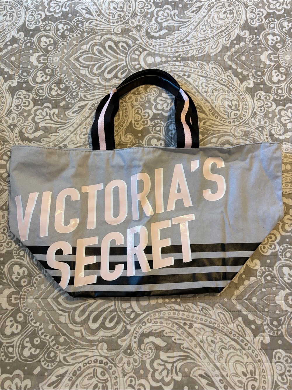Victoria's Secret Gray Tote with Pink Logo and Black Stripes
